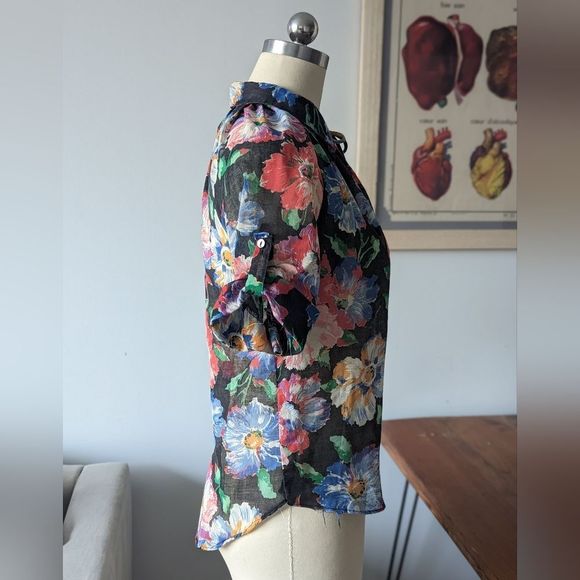Floral gauzy vintage tie neck peter pan collar blouse M - Picture 8 of 15
